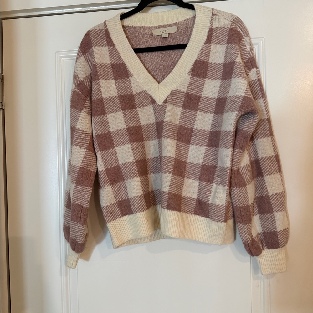 LOFT Mauve Checkered Gingham V-Neck Sweater - Size Small